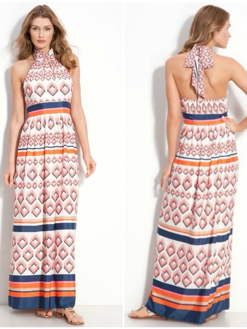 Eliza J Geometric Halter Maxi Dress Retro Mod Cream Orange Navy 8 Petite